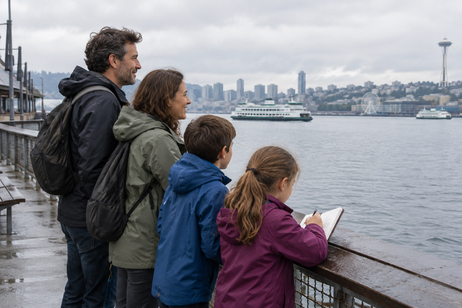 Family exploring Seattle’s waterfront with a sketchbook before an Alaska cruise