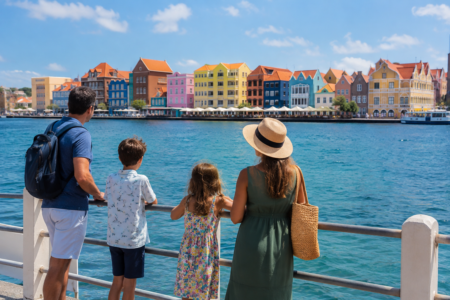 Family looking across the water at colorful Dutch Caribbean architecture in Willemstad, Curaçao.