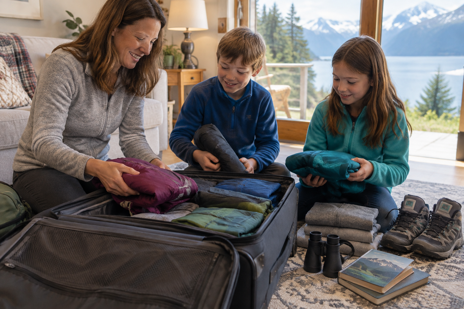 Parent and children packing rain jackets, warm layers, and nature journals for an Alaska cruise.