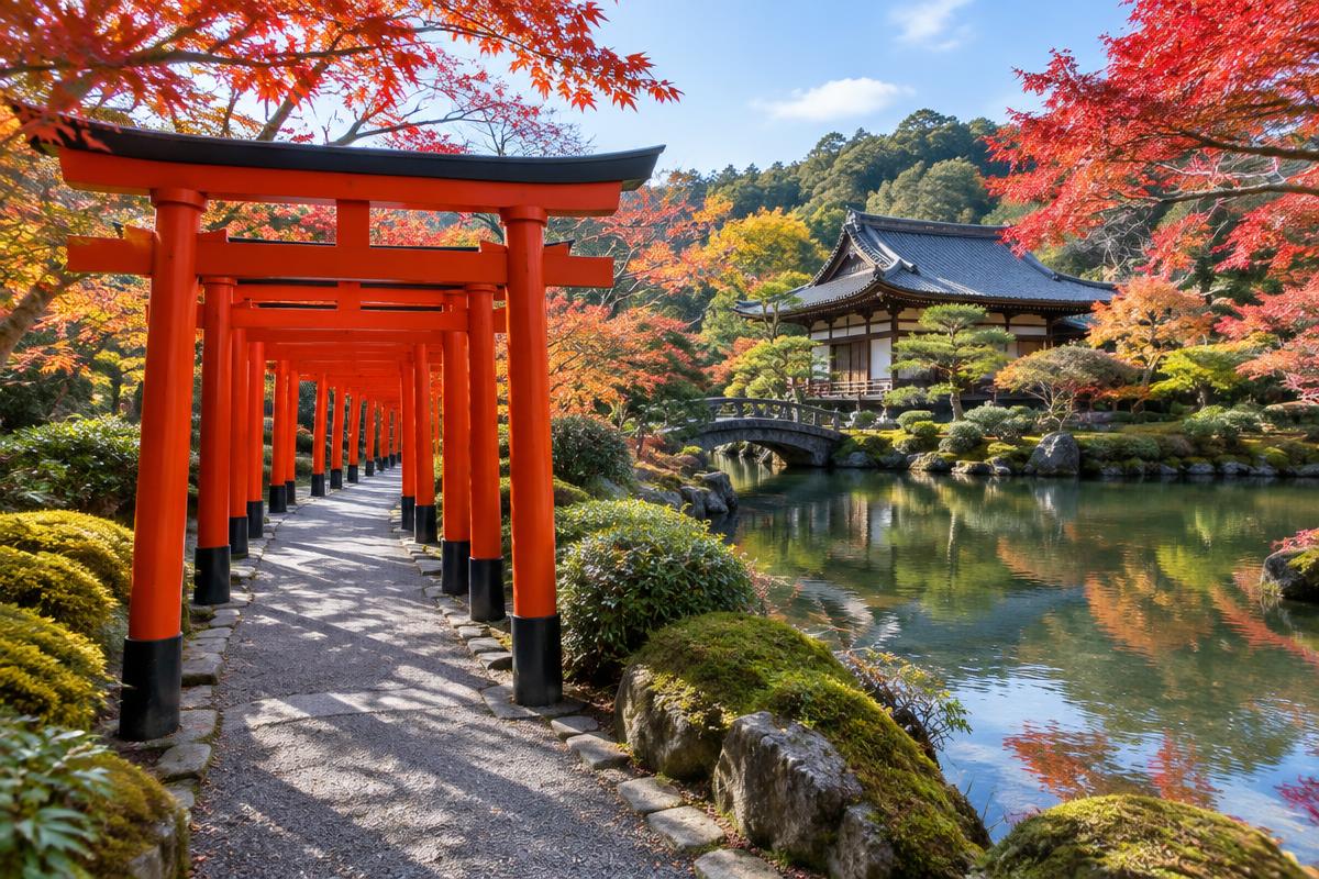 Traditional Japanese garden and torii gates