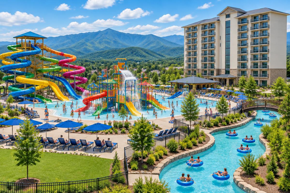 Illustration of a family waterpark resort with waterslides in Pigeon Forge