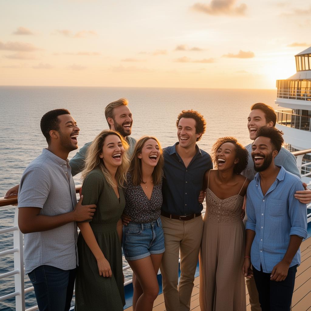 A group of friends enjoying a sunset view from a cruise ship deck